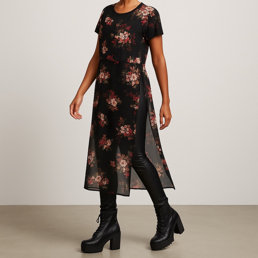 SWEET RAIN Black Floral Top w/ Long Sheer Overlay Size L Bloomcore Dark‎ Romance